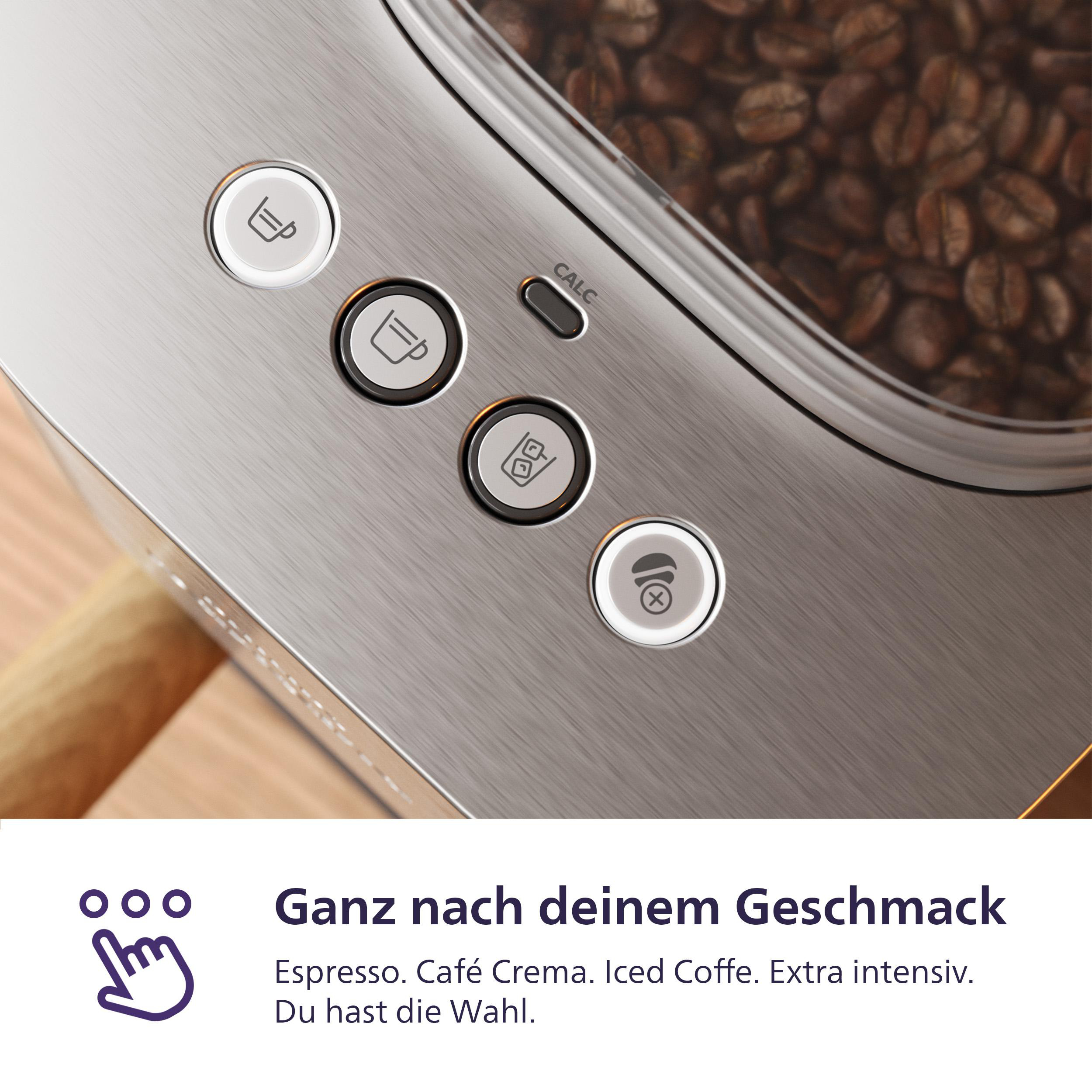 Kaffeemaschine mit Knöpfen und Kaffeebohnen in einem Glas. Die Knöpfe haben Tassen-, Eiswürfel- und X-Symbole.