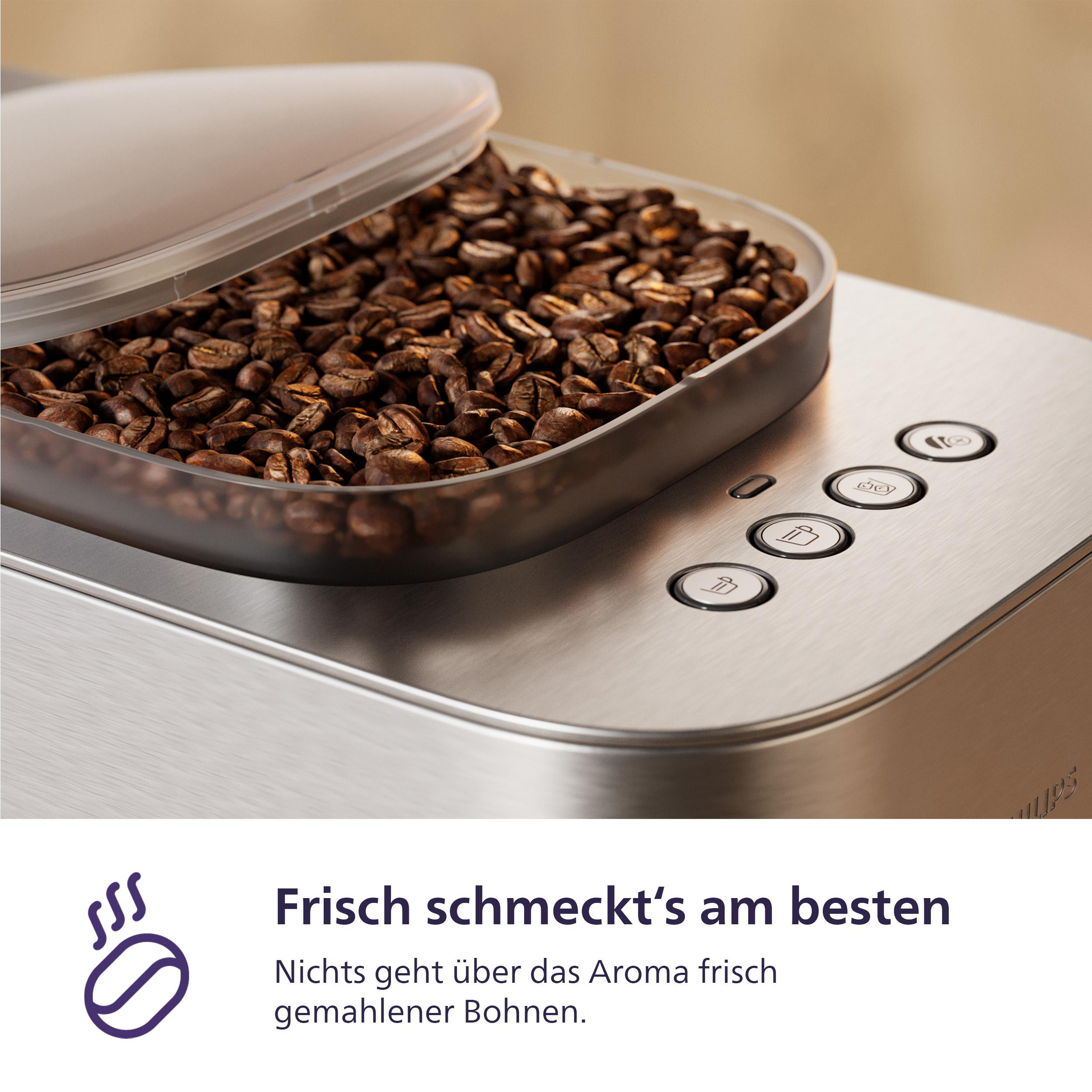 Kaffeebohnen in einem Behälter mit Deckel. Silberne Maschine mit Knöpfen. Text: 'Frisch schmeckt am besten' mit Kaffeebohnen-Symbol.