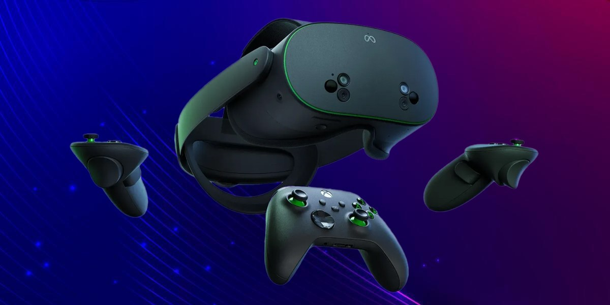 Czarny zestaw słuchawkowy VR, kontrolery i kontroler Xbox są wyświetlane na gradientowym niebiesko-fioletowym tle.