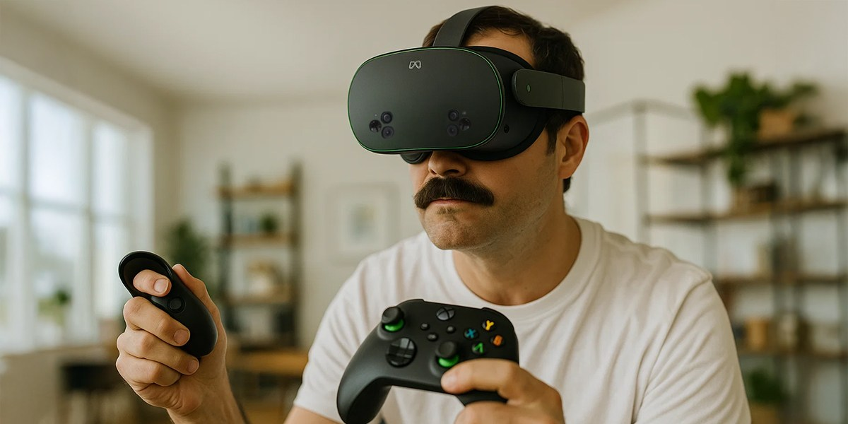 Mężczyzna w zestawie VR, trzymający kontroler i gamepad. Mężczyzna ma wąsy. Tło ma półkę i rośliny.