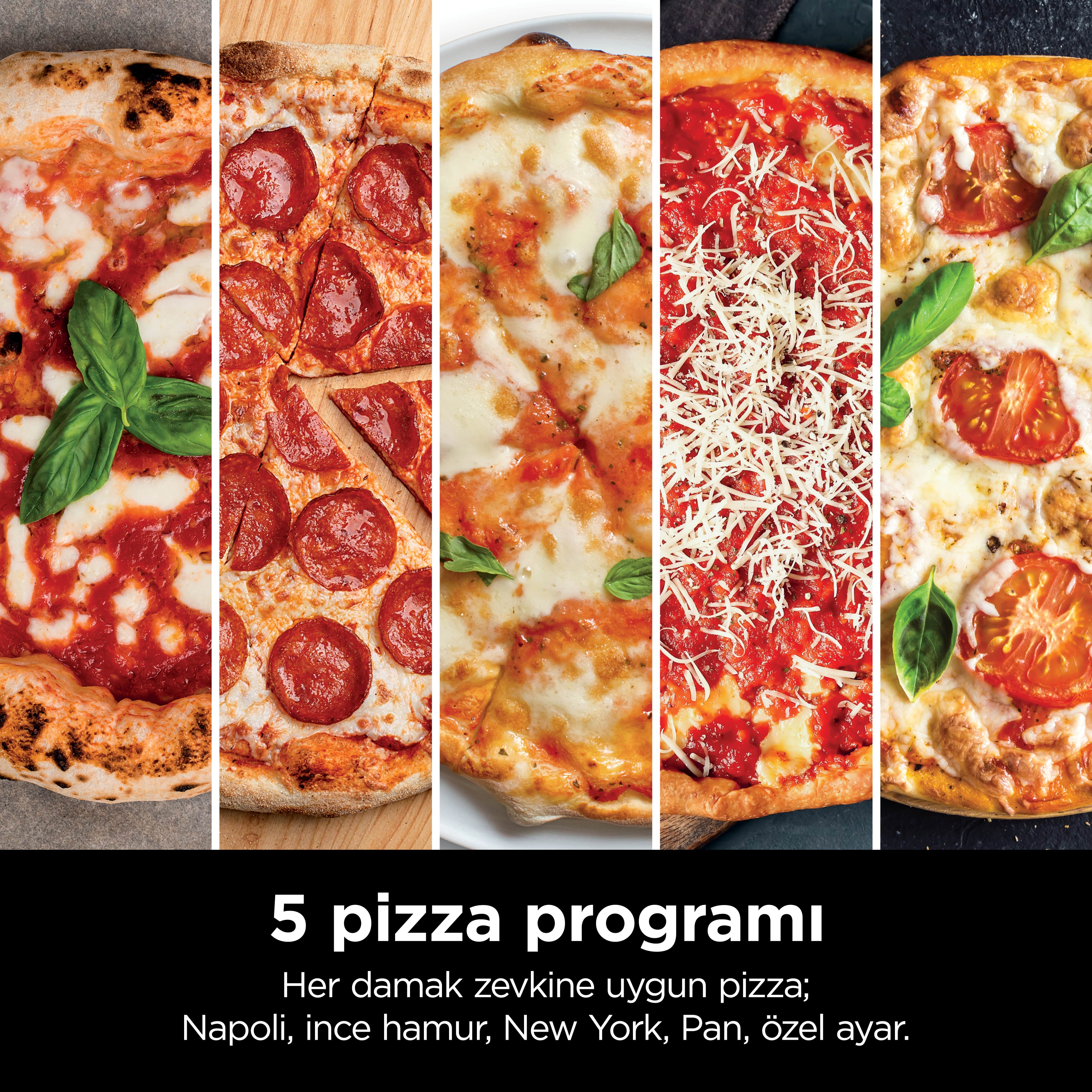 Pepperoni, peynir ve domates dahil olmak üzere farklı malzemelerle beş pizza sergileniyor. Bazıları fesleğen yapraklarıyla süslenmiş.
