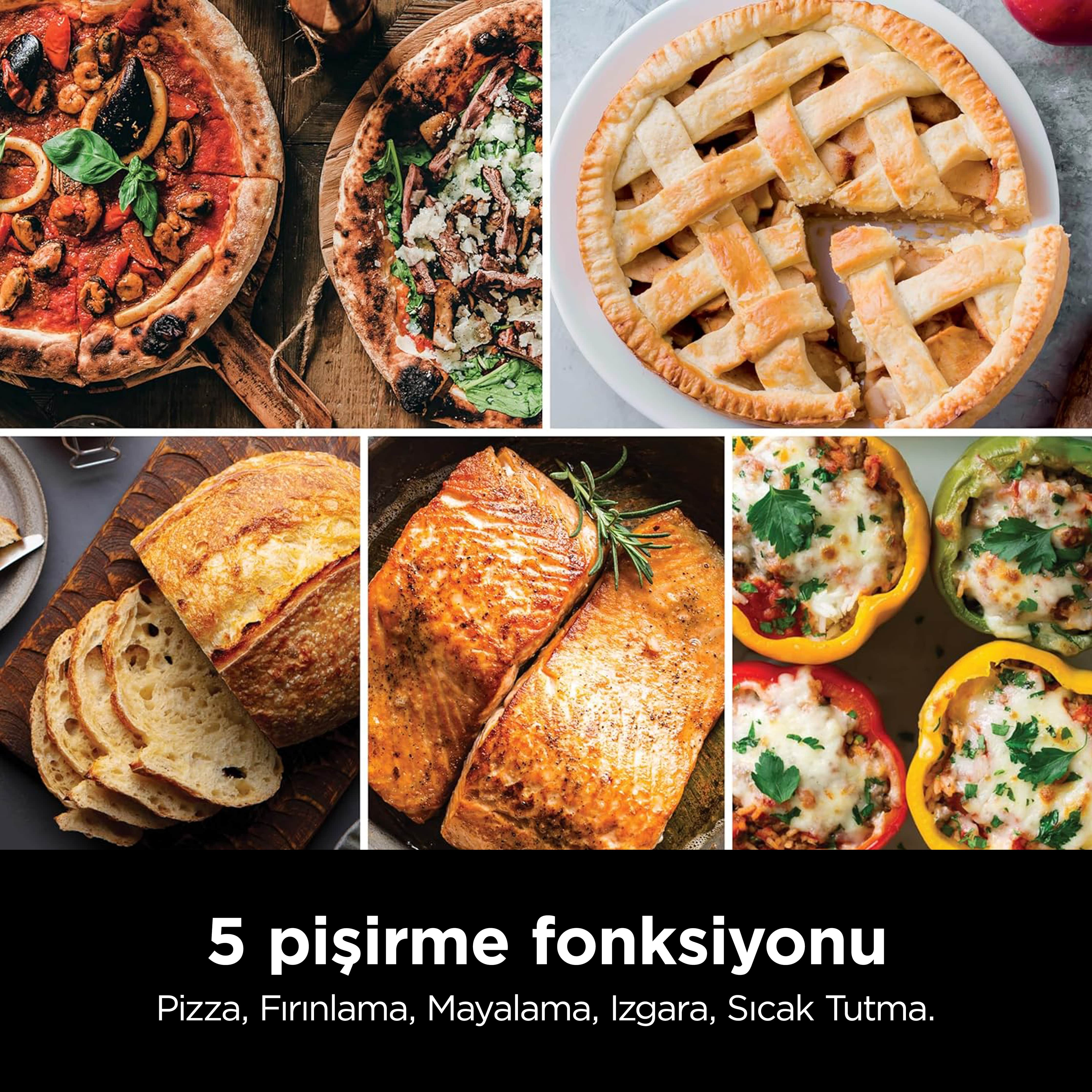 Pişmiş yiyeceklerin kolajı: pizza, turta, ekmek, ızgara somon ve dolmalık biberler. Altta metin.