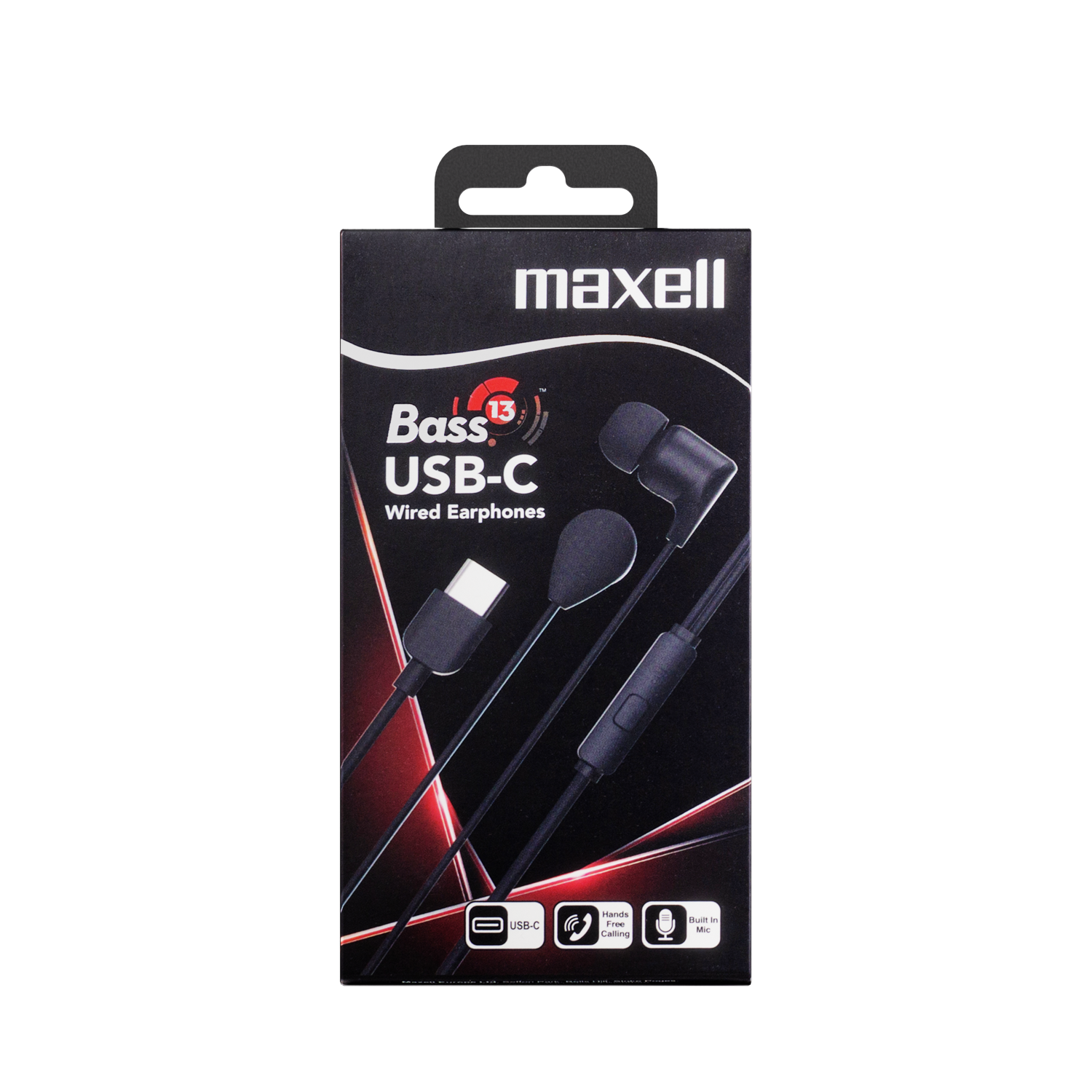 Fekete Maxell USB-C vezetékes fülhallgató fekete dobozon. Jellemzők: basszus, kihangosítás, beépített mikrofon.
