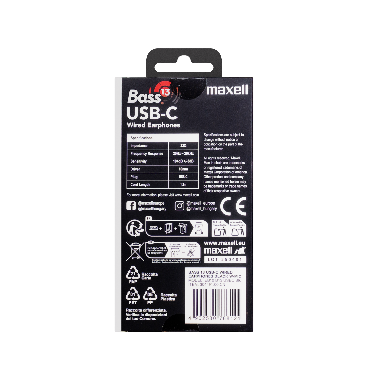 Fekete Maxell Bass 13 USB-C vezetékes fülhallgató csomagolása. Műszaki adatok, újrahasznosítási szimbólumok és vonalkód látható.
