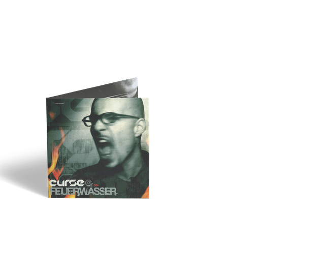 Albumcover von Curse, Feuerwasser. Ein Mann mit Brille schreit. Flammen und Text sind im Hintergrund sichtbar.