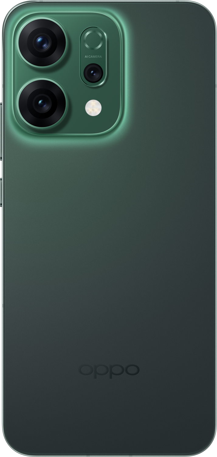 Parte trasera verde de un teléfono Oppo. Cuenta con una configuración de cámara de tres lentes con flash. El logotipo de Oppo está en la parte inferior.