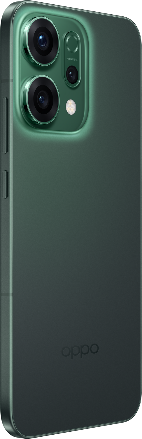 Smartphone verde, con un módulo de cámara con tres lentes, el logotipo de Oppo y botones laterales. El teléfono tiene un acabado mate.