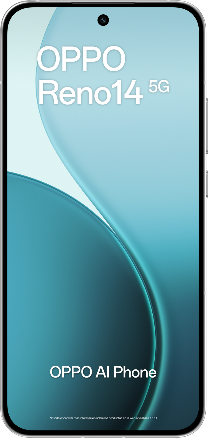 Pantalla del teléfono OPPO Reno14 5G con fondo degradado turquesa. Texto: OPPO Reno14 5G, OPPO AI Phone. Pequeña cámara arriba.