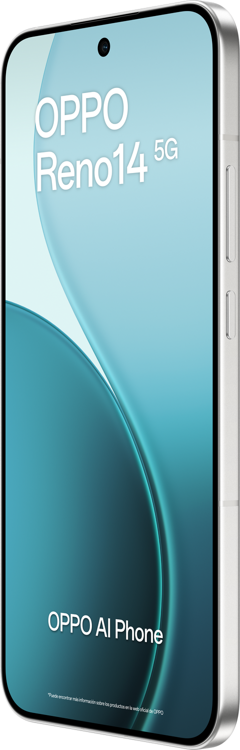 Un teléfono inteligente con pantalla OPPO Reno14 5G. El teléfono tiene cámara, y el fondo tiene un diseño azul.