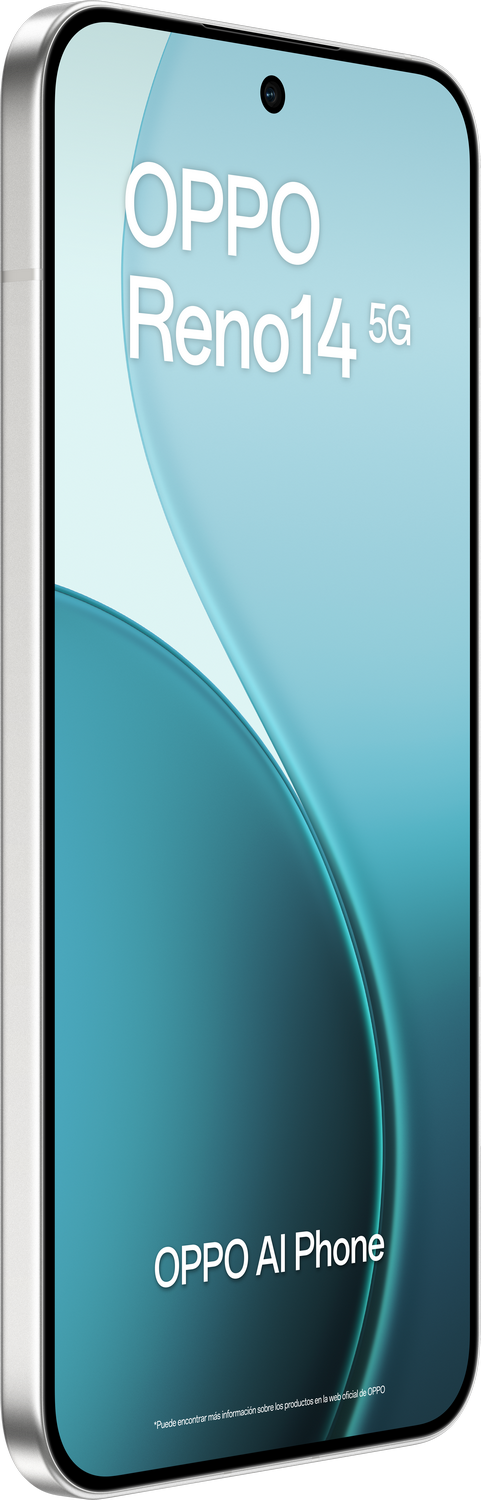La pantalla del smartphone muestra OPPO Reno14 5G. Tiene un diseño curvo y una pequeña cámara en la parte superior. Dice OPPO AI Phone.