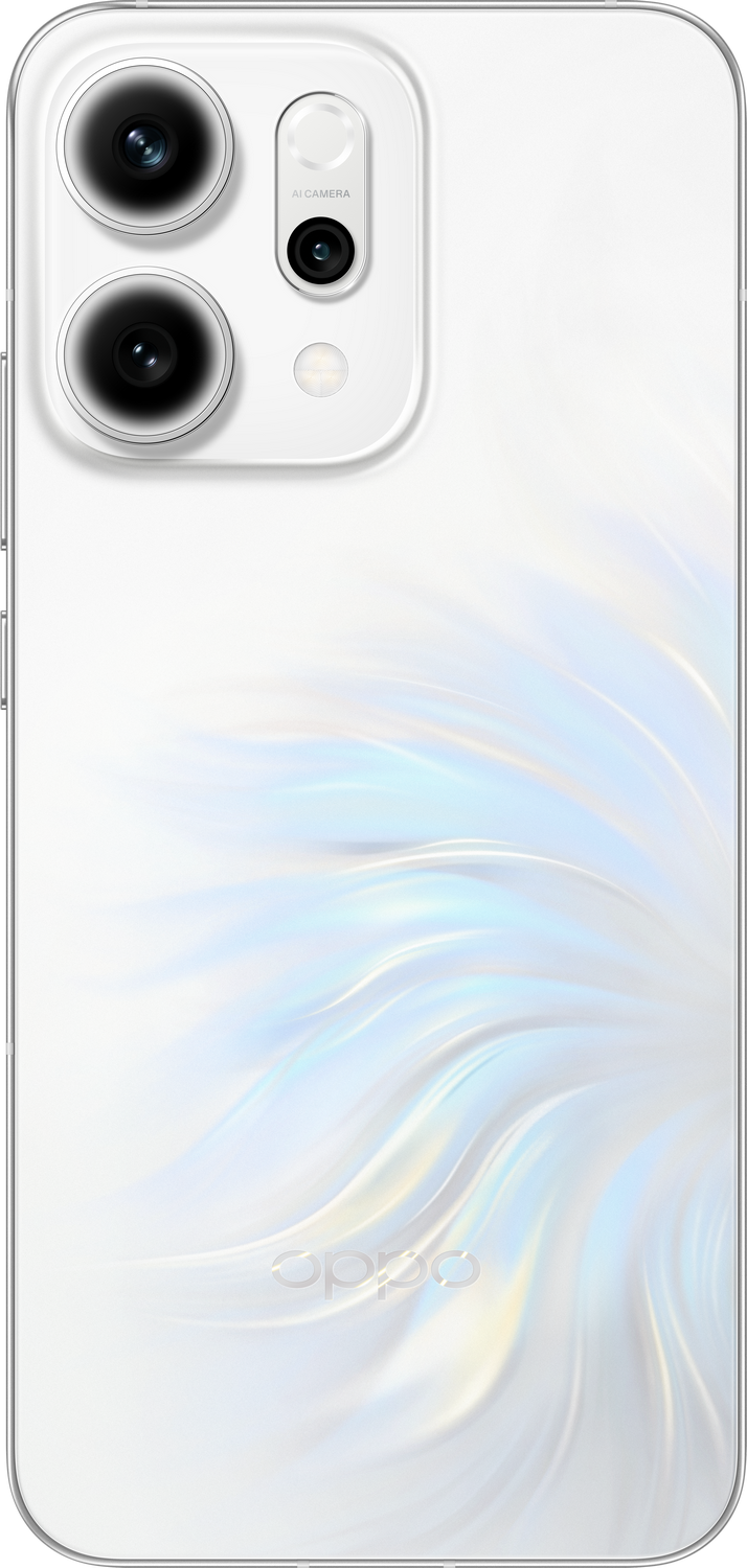 Parte trasera de smartphone blanco con conjunto de cámaras. Lentes, flash y diseño ondulado. Logotipo de Oppo abajo.
