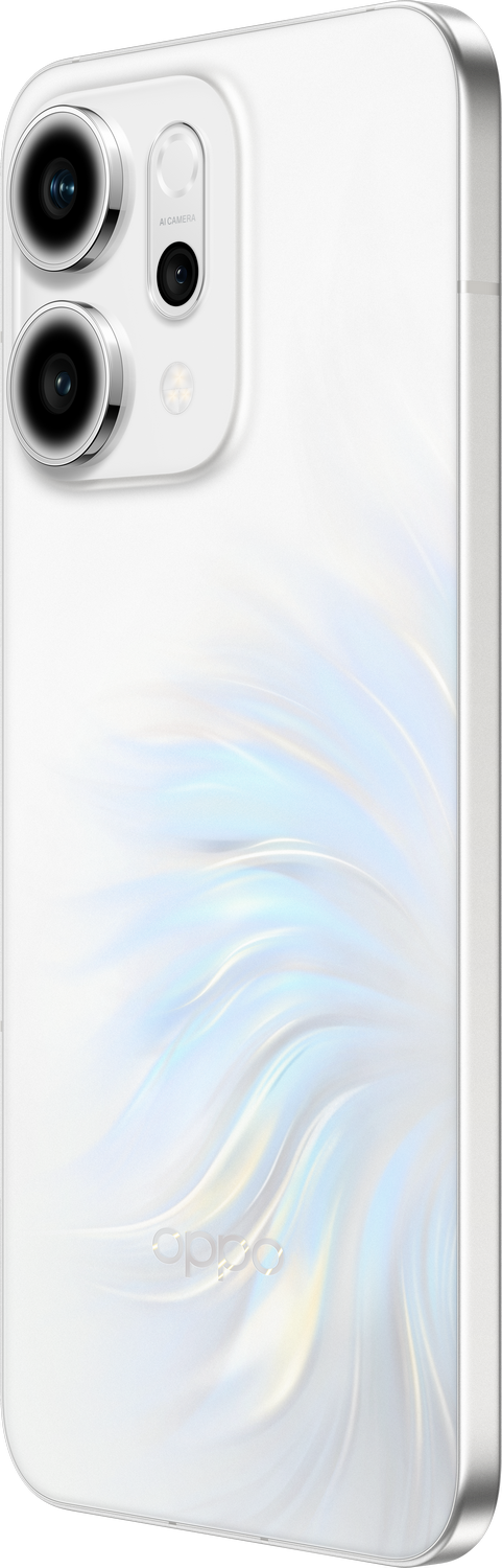 Smartphone blanco con lentes de cámara, diseño trasero iridiscente y logo OPPO. Fondo gris, vista en ángulo.