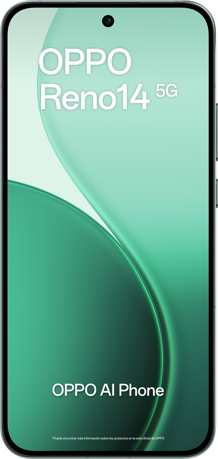 Una pantalla de teléfono muestra el logo OPPO Reno14 5G. El fondo tiene un diseño de gradiente verde y dice OPPO AI Phone.