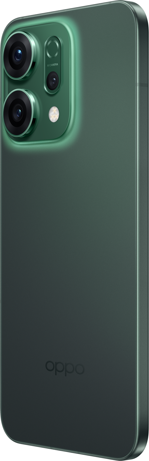 Parte trasera verde de un smartphone con cámaras, flash y el logo de Oppo. El teléfono tiene un diseño elegante y minimalista con bordes redondeados.