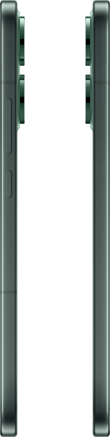 Vista lateral de un smartphone verde oscuro. Los botones son visibles en el lateral. El fondo es gris.