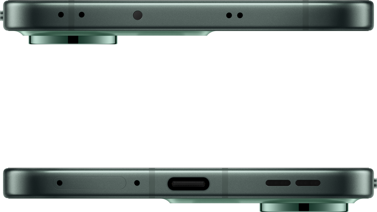 Primer plano del lateral de un smartphone. El dispositivo tiene un cuerpo metálico verde-gris, mostrando altavoces, puerto de carga y protuberancia de la cámara.