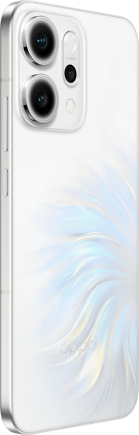 Un teléfono Oppo blanco. Tiene un módulo de cámara con tres lentes y un diseño iridiscente y fluido en la parte posterior.