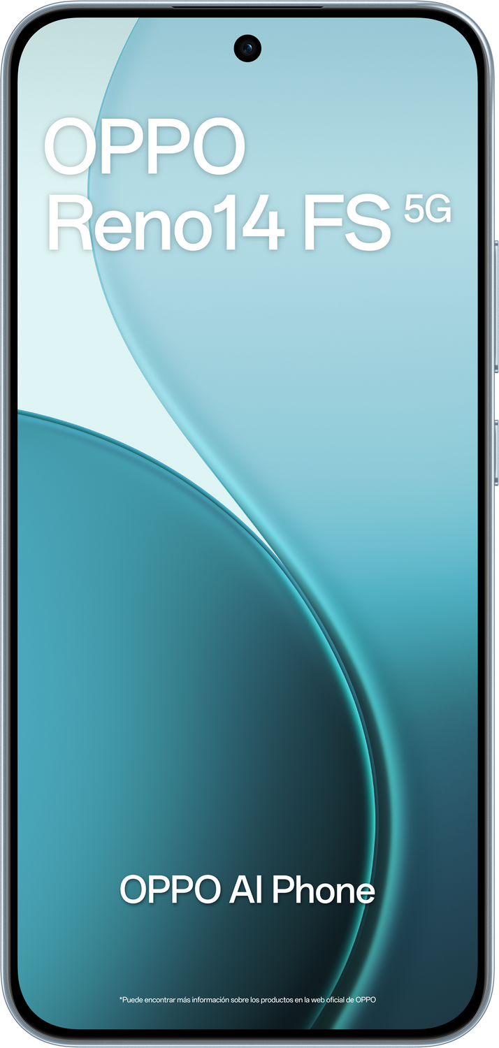 Una pantalla de teléfono inteligente muestra el logotipo de OPPO Reno14 FS 5G. El fondo tiene formas azules abstractas y el texto 'OPPO AI Phone'.