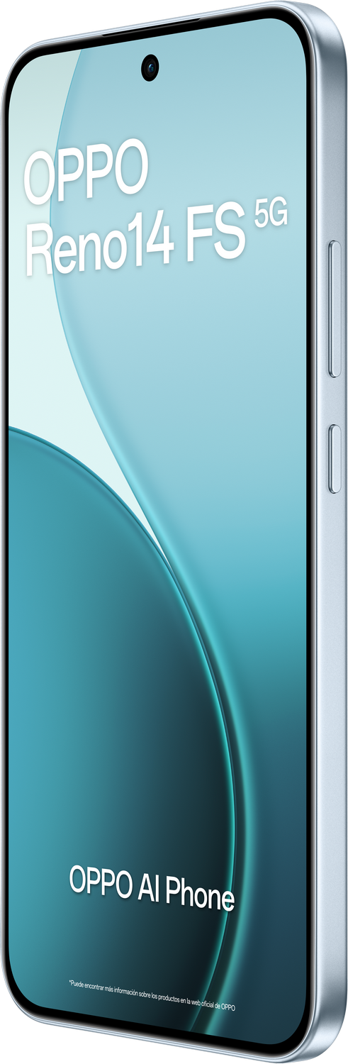 Se muestra un teléfono Oppo Reno14 FS 5G. Tiene una pantalla azul claro con el nombre de la marca y AI Phone.