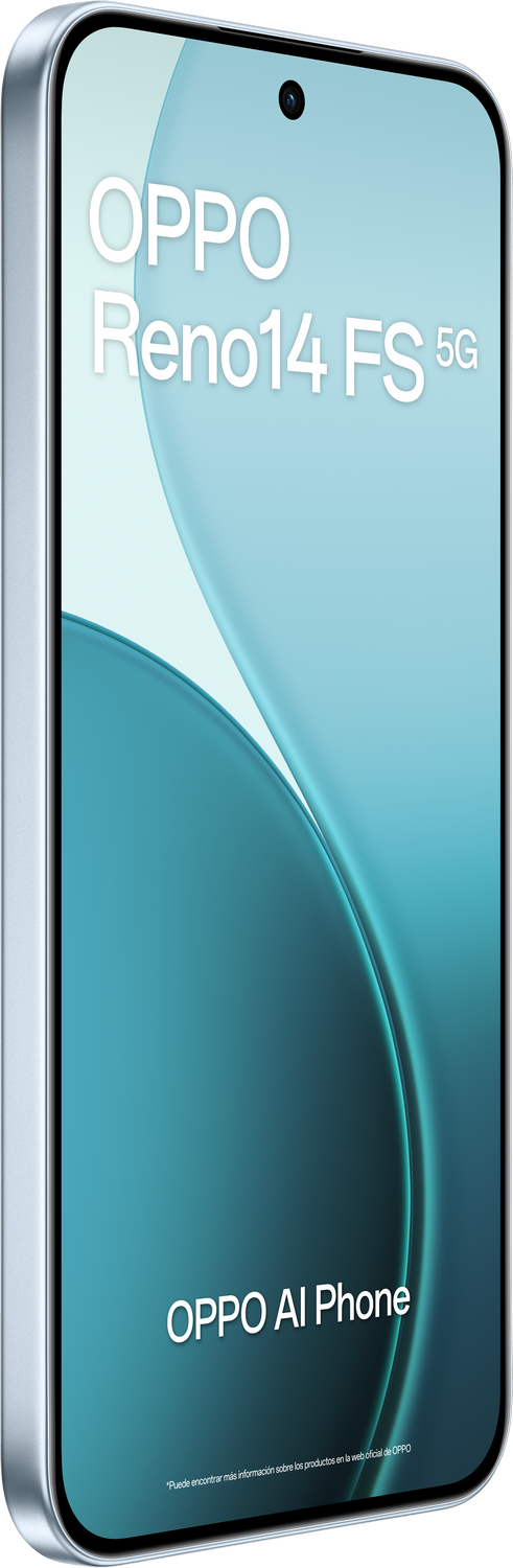 Se muestra un teléfono Oppo Reno14 FS 5G con un fondo de olas turquesas. La pantalla del teléfono muestra el texto: OPPO Reno14 FS 5G, AI Phone.