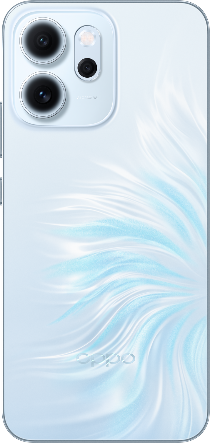 La parte trasera de un teléfono Oppo blanco con tres lentes de cámara, flash y un diseño en espiral azul y blanco. El logotipo de Oppo es visible.