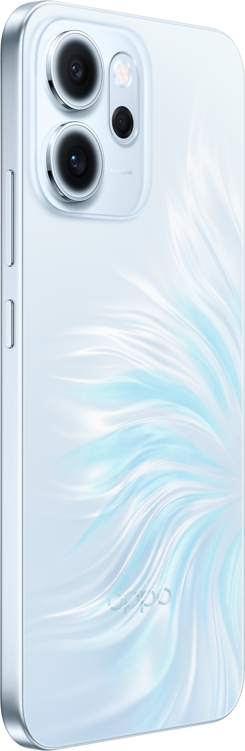 Un smartphone Oppo blanco muestra tres cámaras. La parte trasera tiene un diseño ondulado de color azul claro. El logotipo de Oppo es visible.