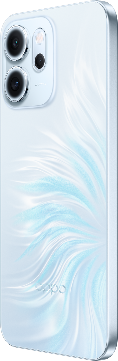 Parte trasera de un teléfono inteligente blanco con un patrón de ondas azules. Tiene tres lentes de cámara y el logotipo de Oppo.