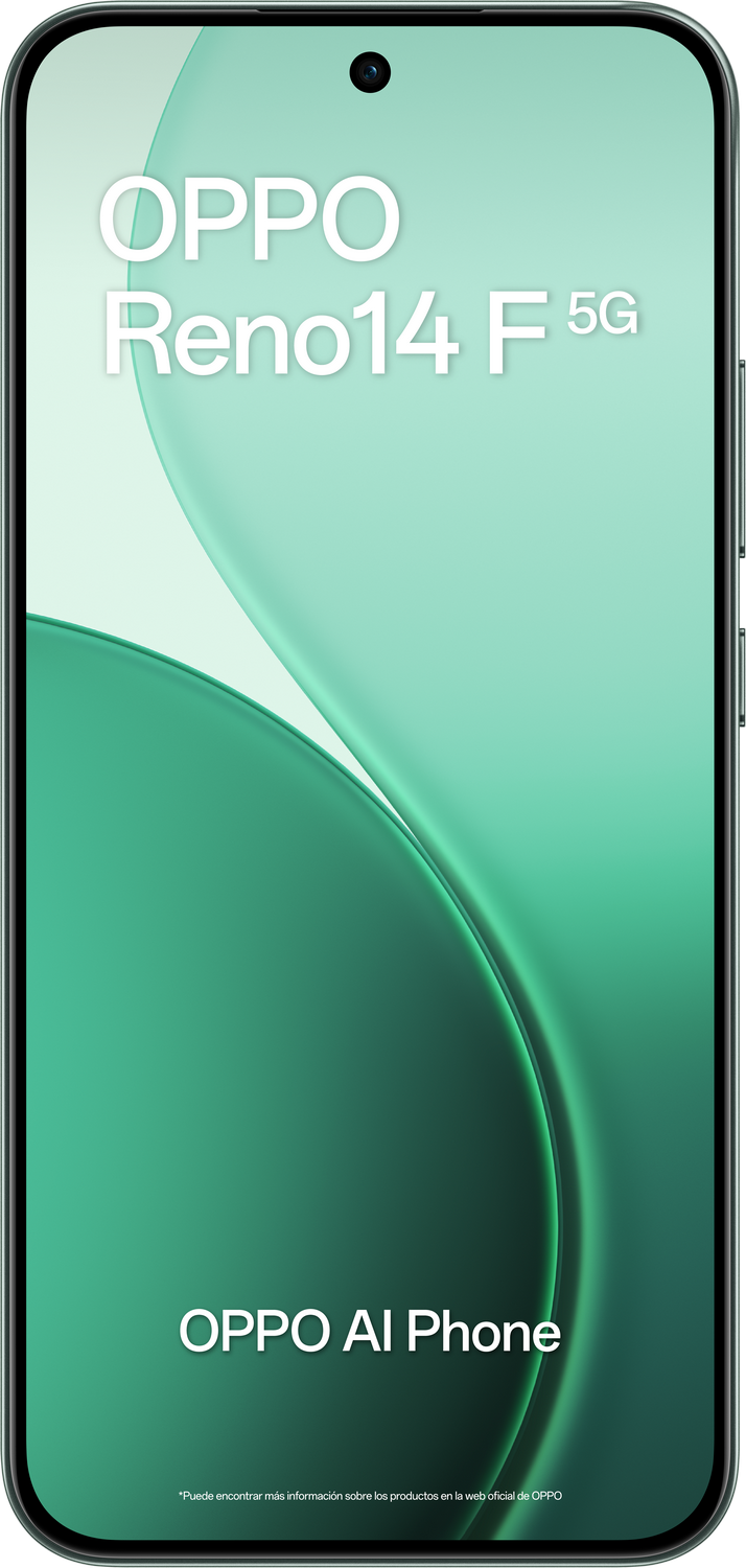 Pantalla de smartphone mostrando OPPO Reno14 F 5G. La pantalla tiene un fondo degradado verde. También se muestra OPPO AI Phone.