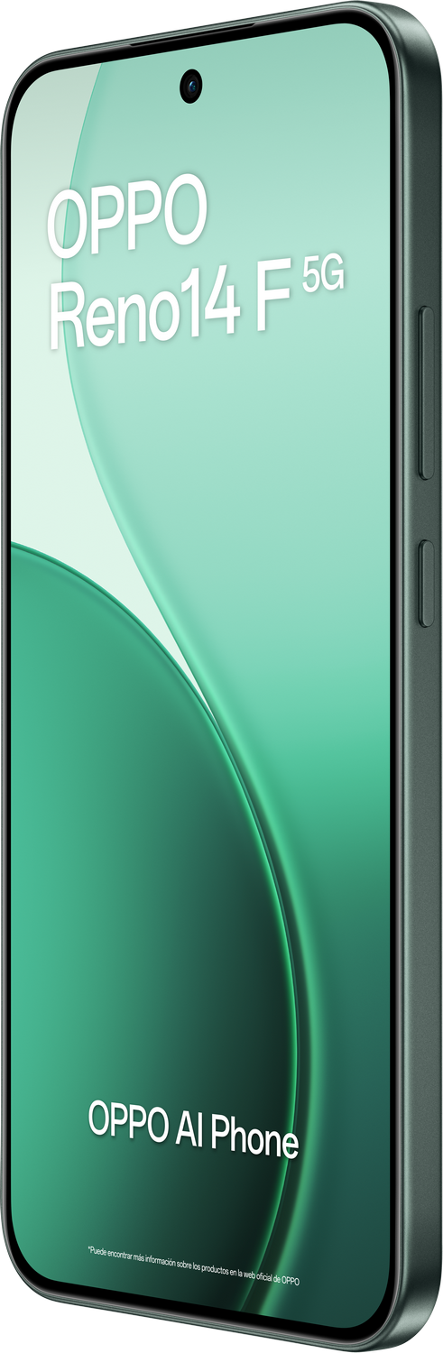 Un smartphone con pantalla verde muestra el texto 'OPPO Reno14 F 5G' y 'OPPO AI Phone'.