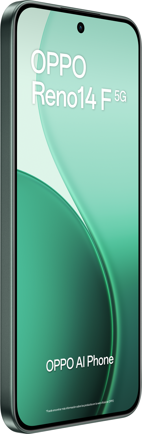 Un teléfono OPPO Reno14 F 5G. El teléfono es verde y tiene una pantalla curva. El texto dice OPPO AI Phone.