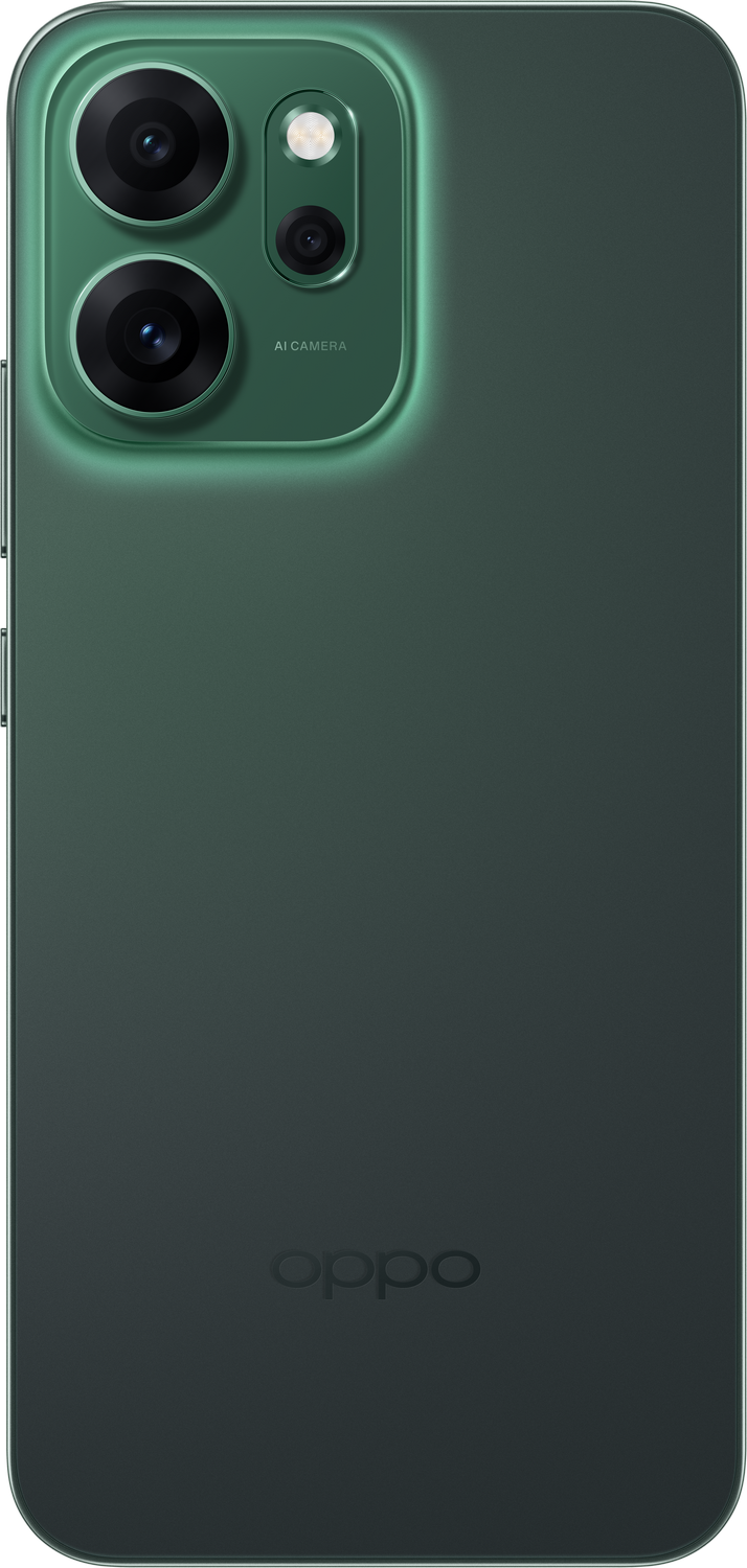 Parte trasera verde de un teléfono Oppo con módulo de cámara y logotipo. La cámara tiene varias lentes y texto 'AI CAMERA'.
