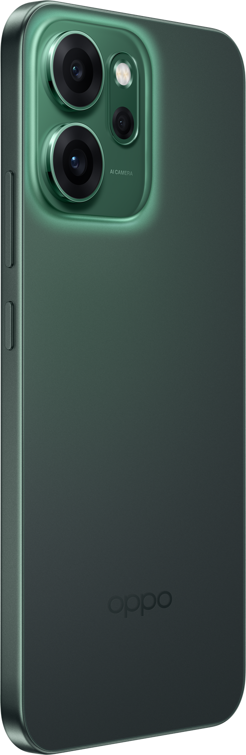 Parte trasera verde de un smartphone Oppo. Tiene tres cámaras, un flash y el logo de Oppo. El lateral tiene botones de volumen.