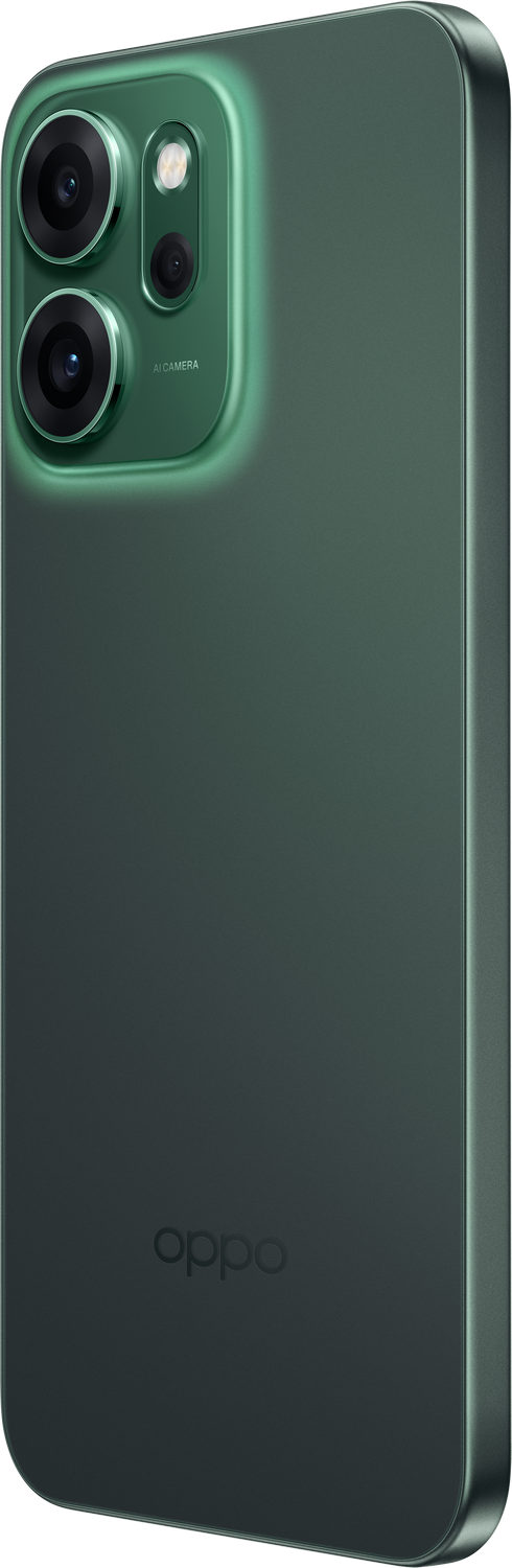 Parte trasera de un smartphone verde con lentes de cámara y flash. El logotipo de Oppo es visible. El teléfono tiene un diseño elegante.