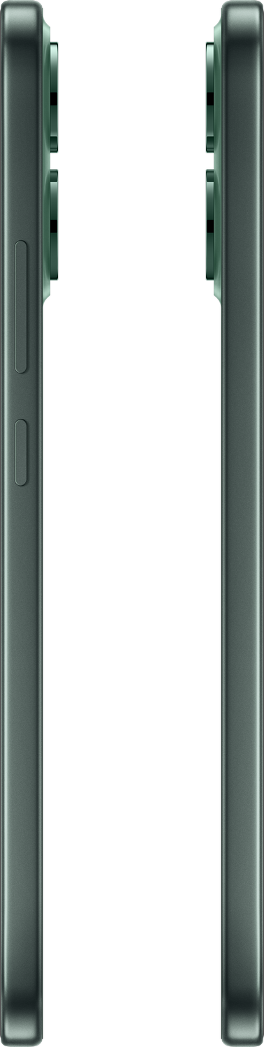 Vista lateral de un smartphone verde oscuro. Botones de encendido y volumen visibles. El fondo es un gradiente gris.