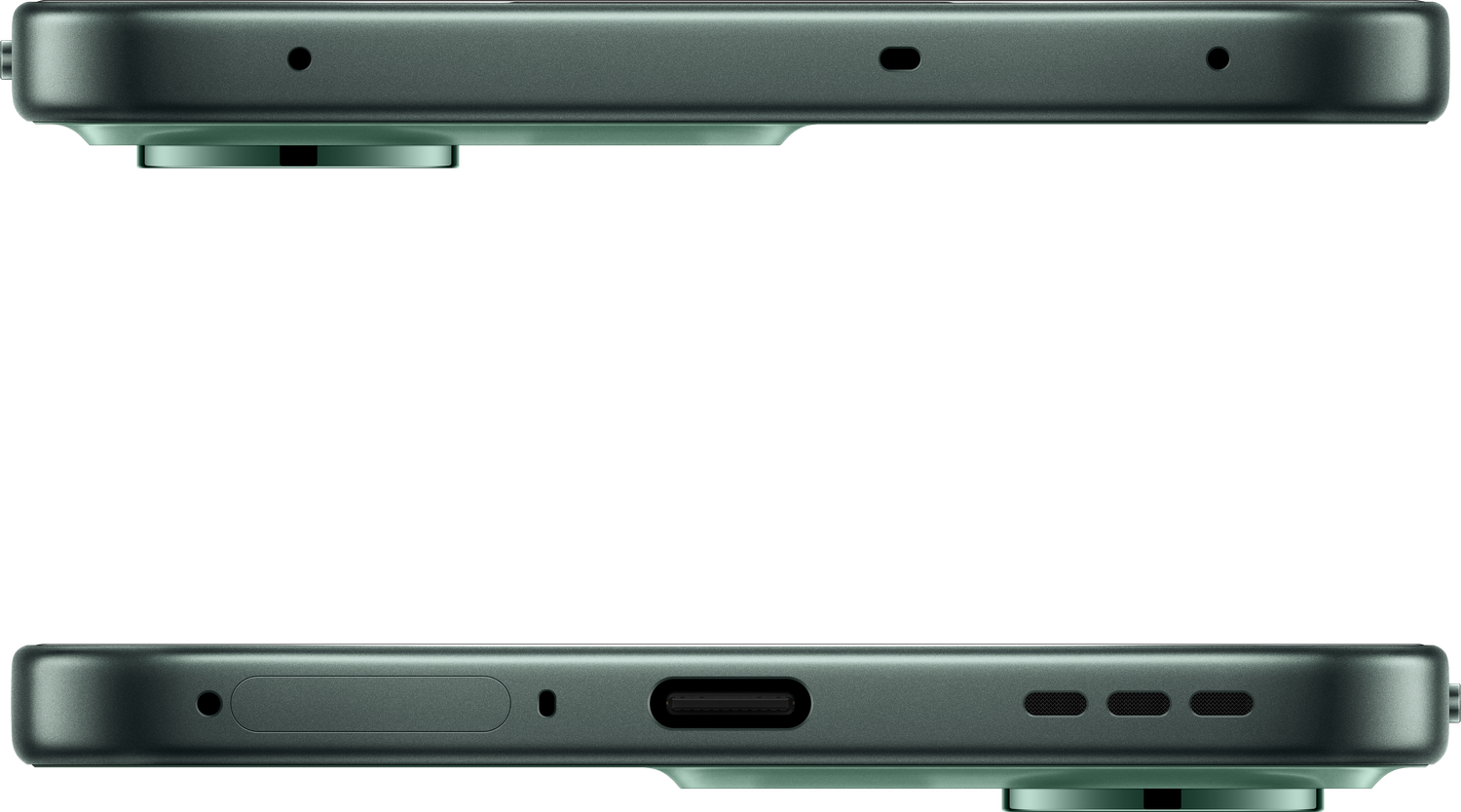 Detalle de smartphone verde, vista superior e inferior. Incluye lente de cámara, puerto de carga, altavoz y orificios de micrófono.