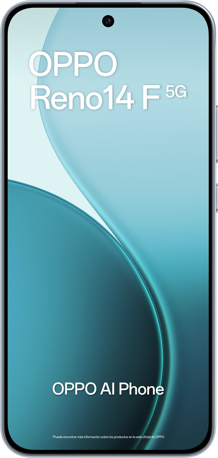 Teléfono OPPO Reno14 F 5G sobre un fondo verde azulado. El teléfono tiene una cámara frontal y se ven las palabras 'OPPO AI Phone'.