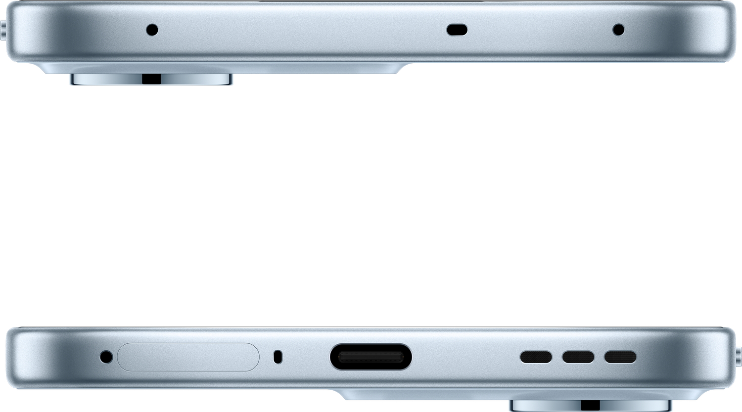 Primer plano de un smartphone azul claro. La parte superior tiene una cámara y agujeros. La parte inferior tiene un puerto y agujeros para altavoces.