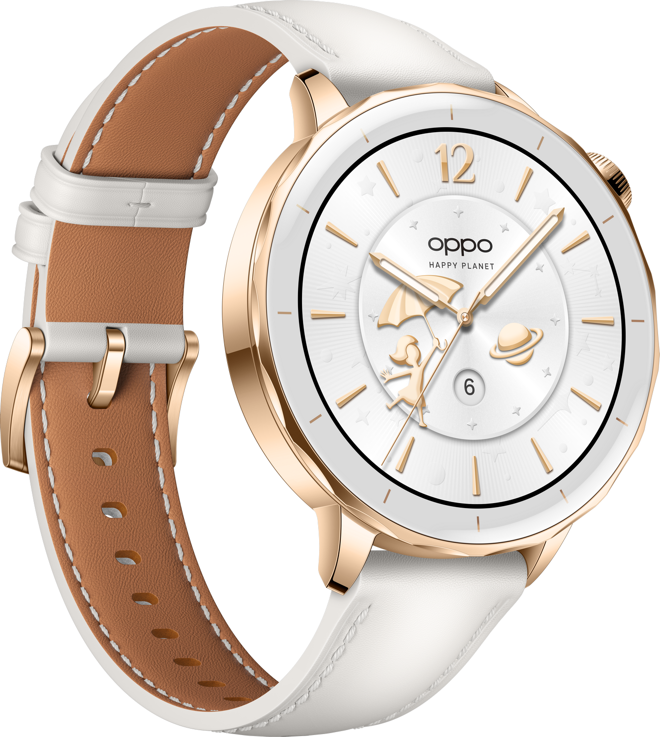 Un reloj inteligente Oppo blanco con bisel dorado y correa marrón y blanca. La esfera muestra gráficos caprichosos.