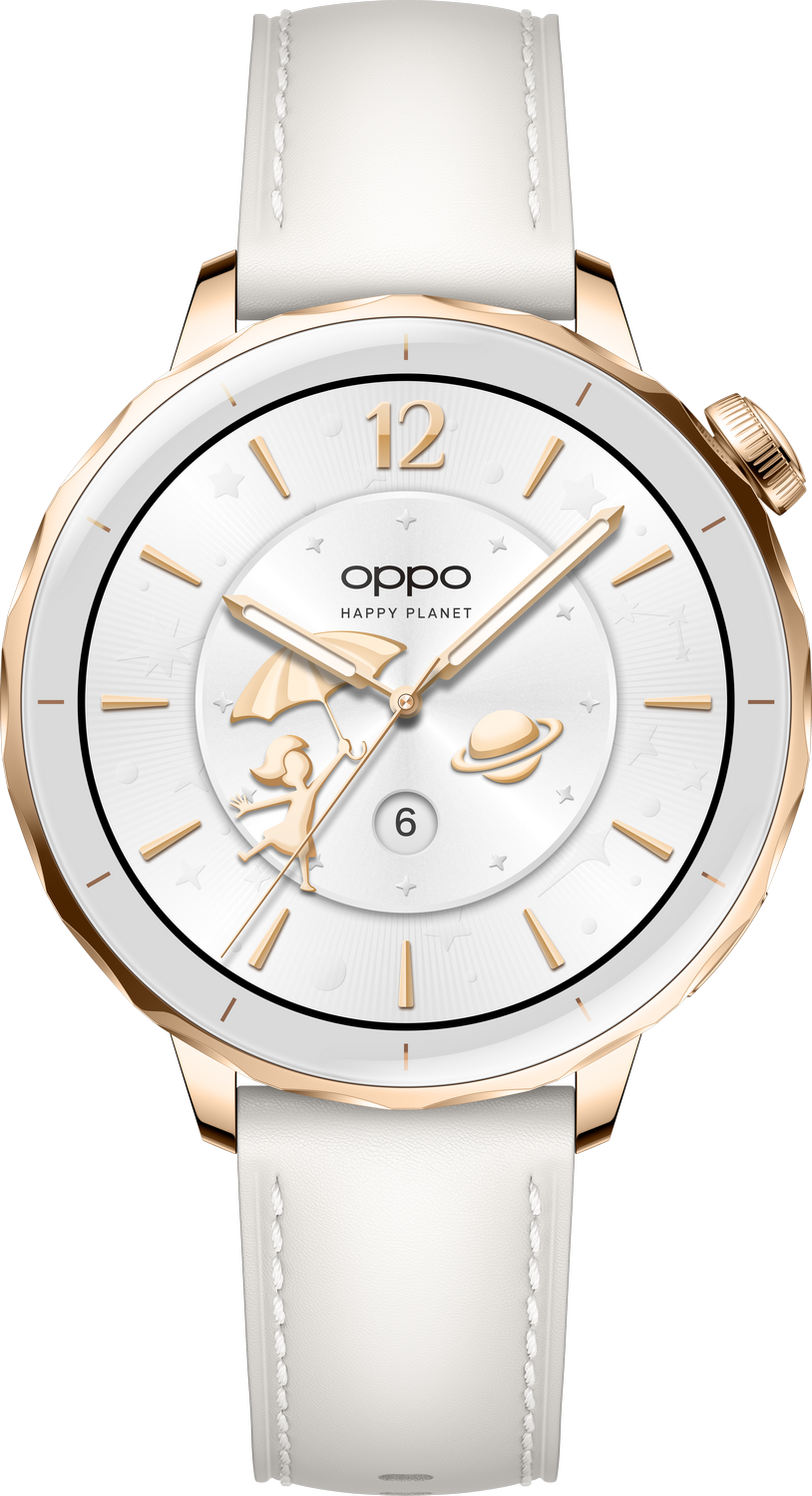 Un reloj Oppo blanco y dorado con correa blanca. La esfera tiene un niño con un paraguas y un planeta.