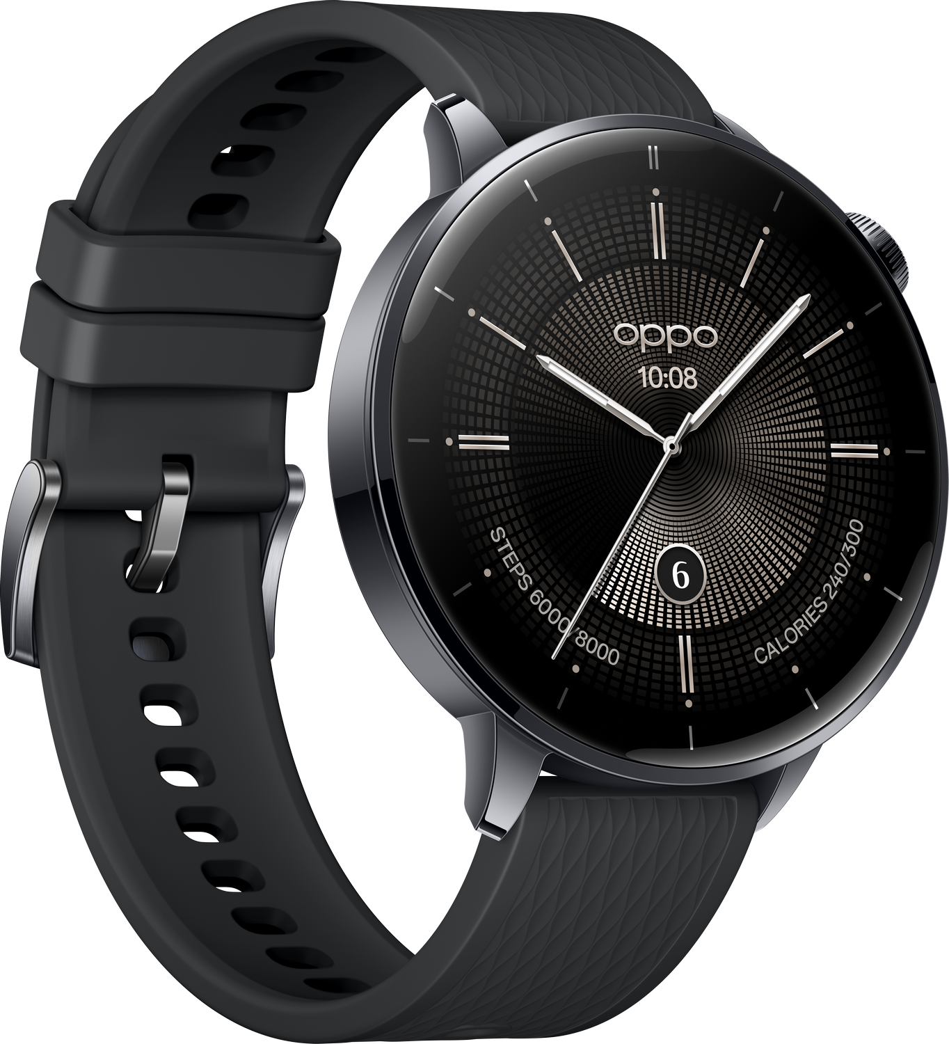 Un reloj inteligente Oppo negro con una correa gris oscuro. La esfera muestra la hora e información de seguimiento físico.