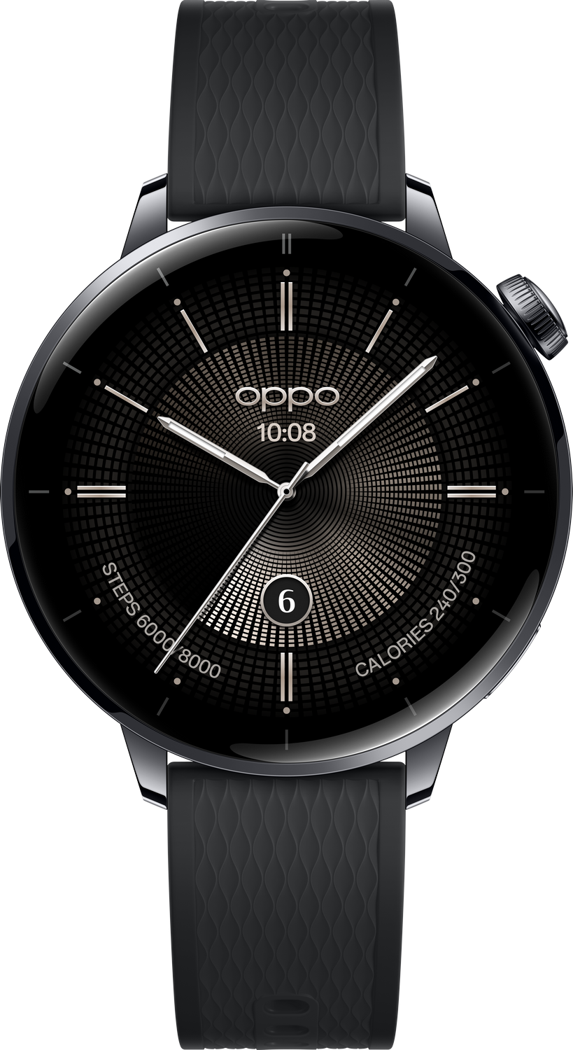 Reloj inteligente Oppo negro con correa negra. La esfera muestra hora, pasos y calorías. El fondo es oscuro con un patrón circular.