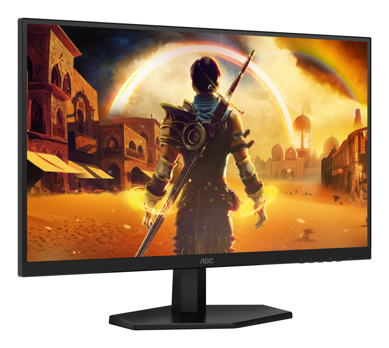 Monitor AOC muestra escena de juego: guerrero con espada, ciudad desértica, arcoíris y luz dorada.