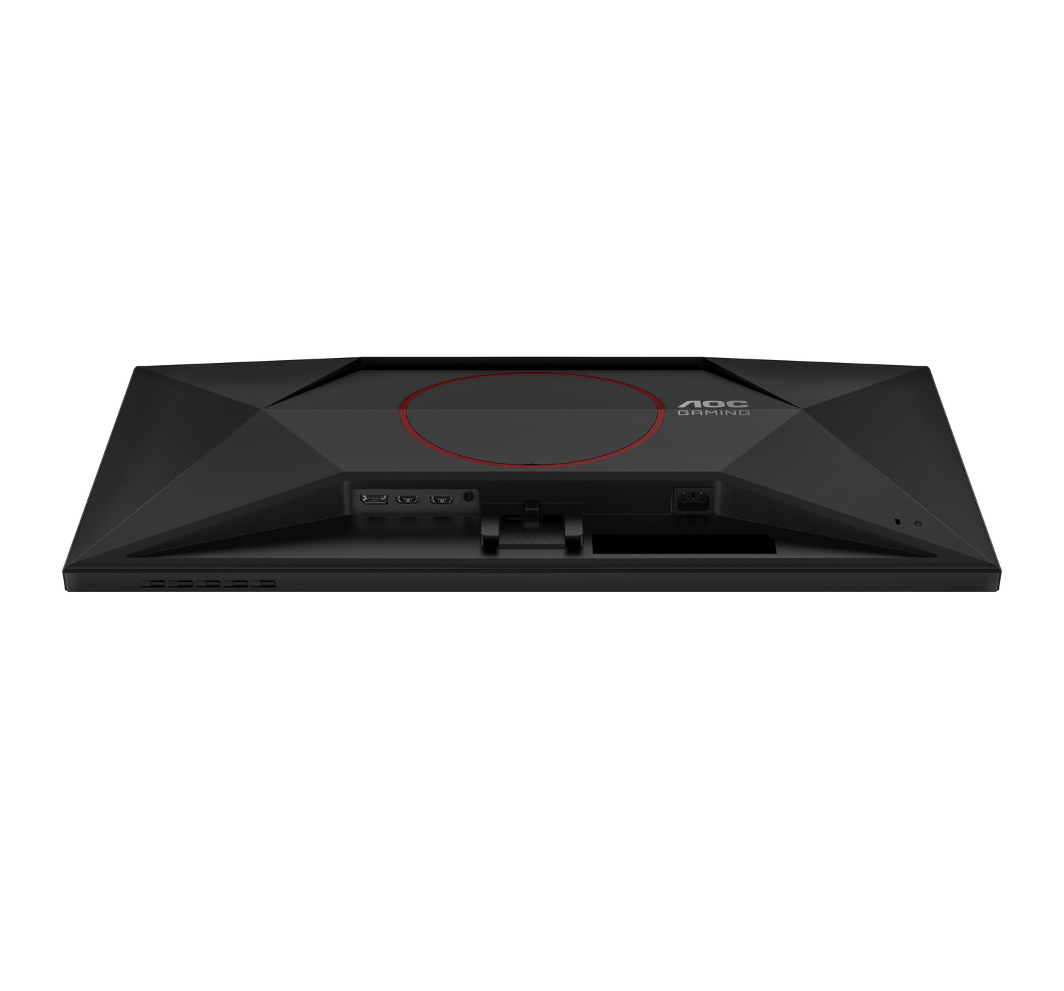 Parte trasera del monitor gaming negro AOC. Cuenta con un anillo rojo, puertos y el logotipo de AOC Gaming. Aislado sobre fondo blanco.