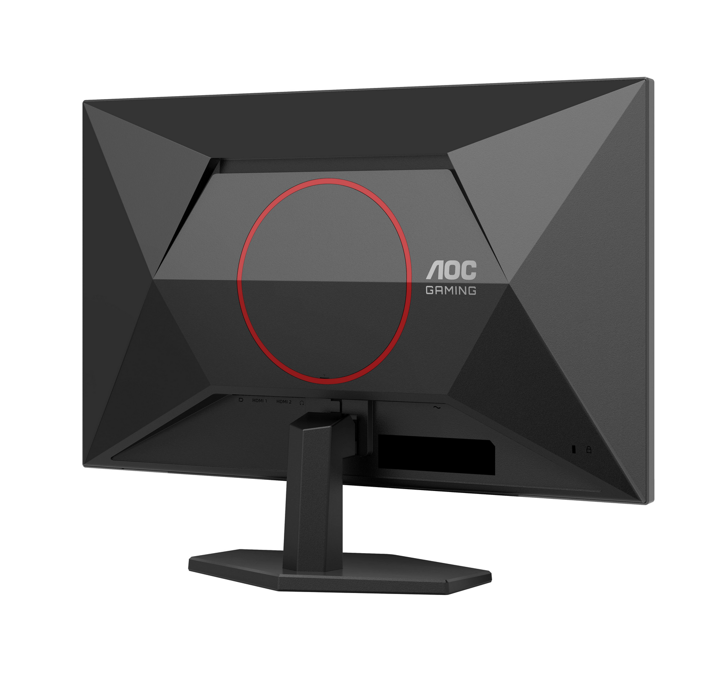 Vista trasera del monitor gaming AOC negro. Detalle de círculo rojo. Puertos HDMI. Soporte negro. Fondo blanco.