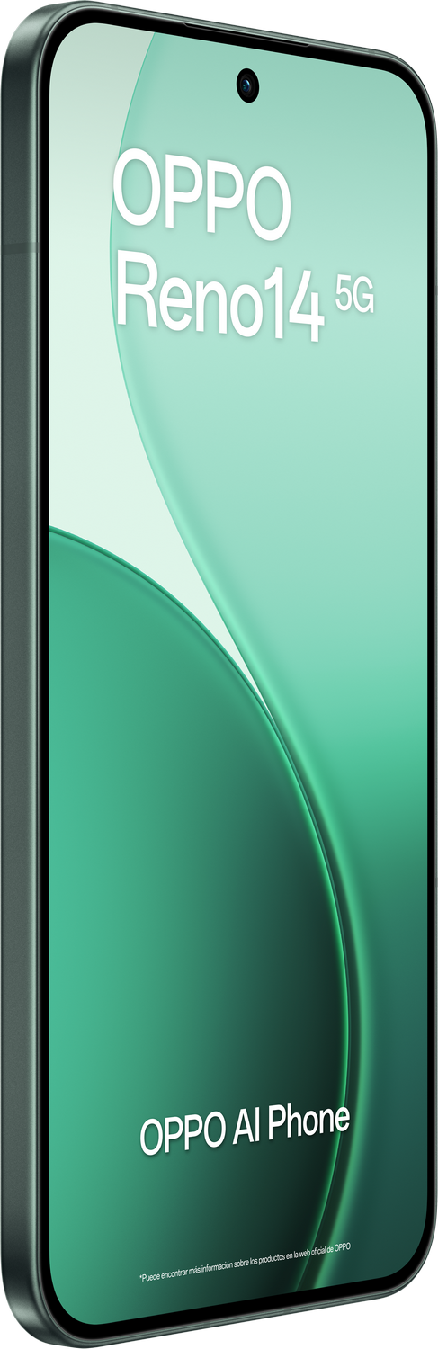 Se muestra un teléfono OPPO Reno14 5G, mostrando el logotipo de la marca y las funciones del teléfono con IA. El teléfono tiene un fondo verde degradado.
