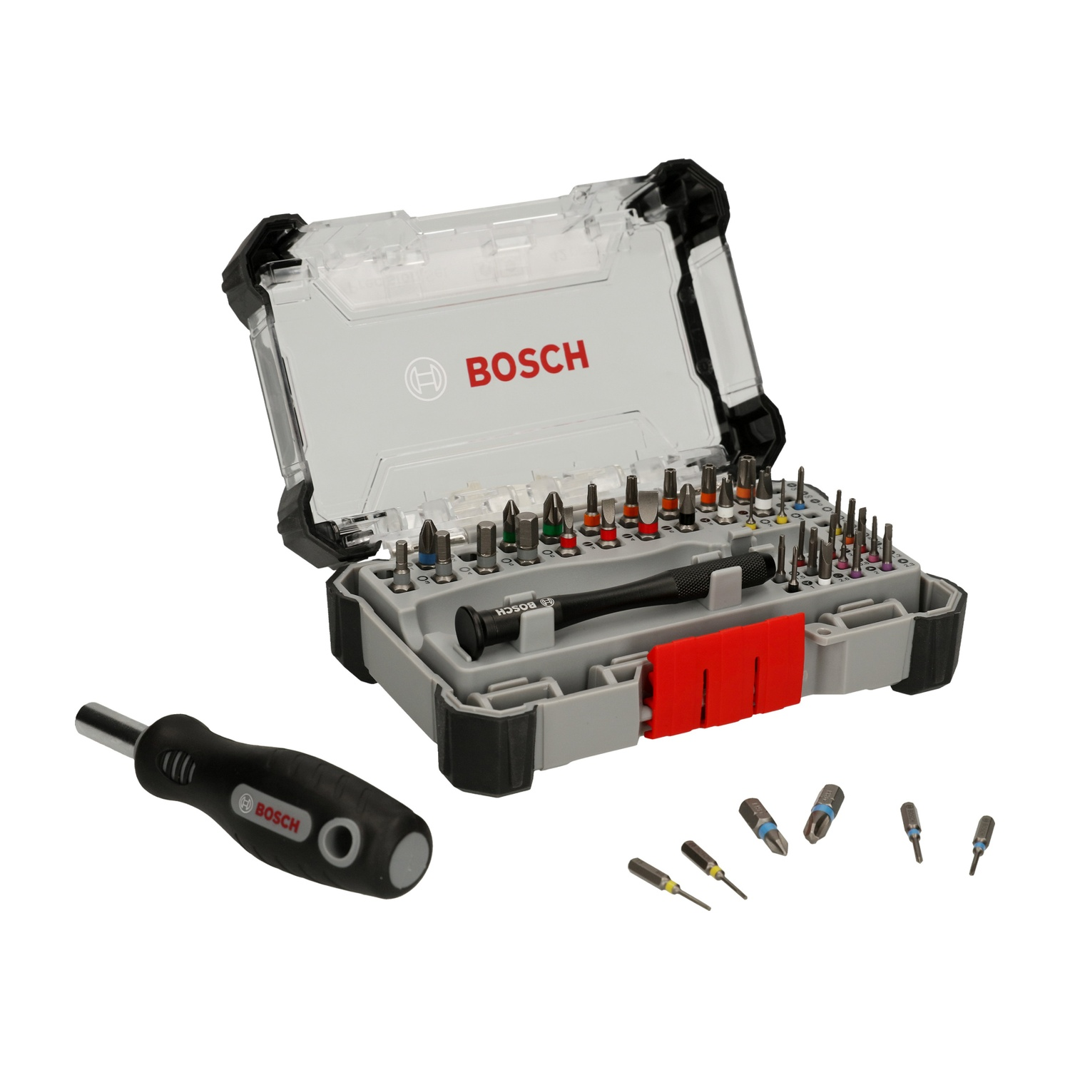 Un set di cacciaviti Bosch con varie punte è aperto. Un cacciavite è a sinistra e alcune punte sono fuori dalla custodia.