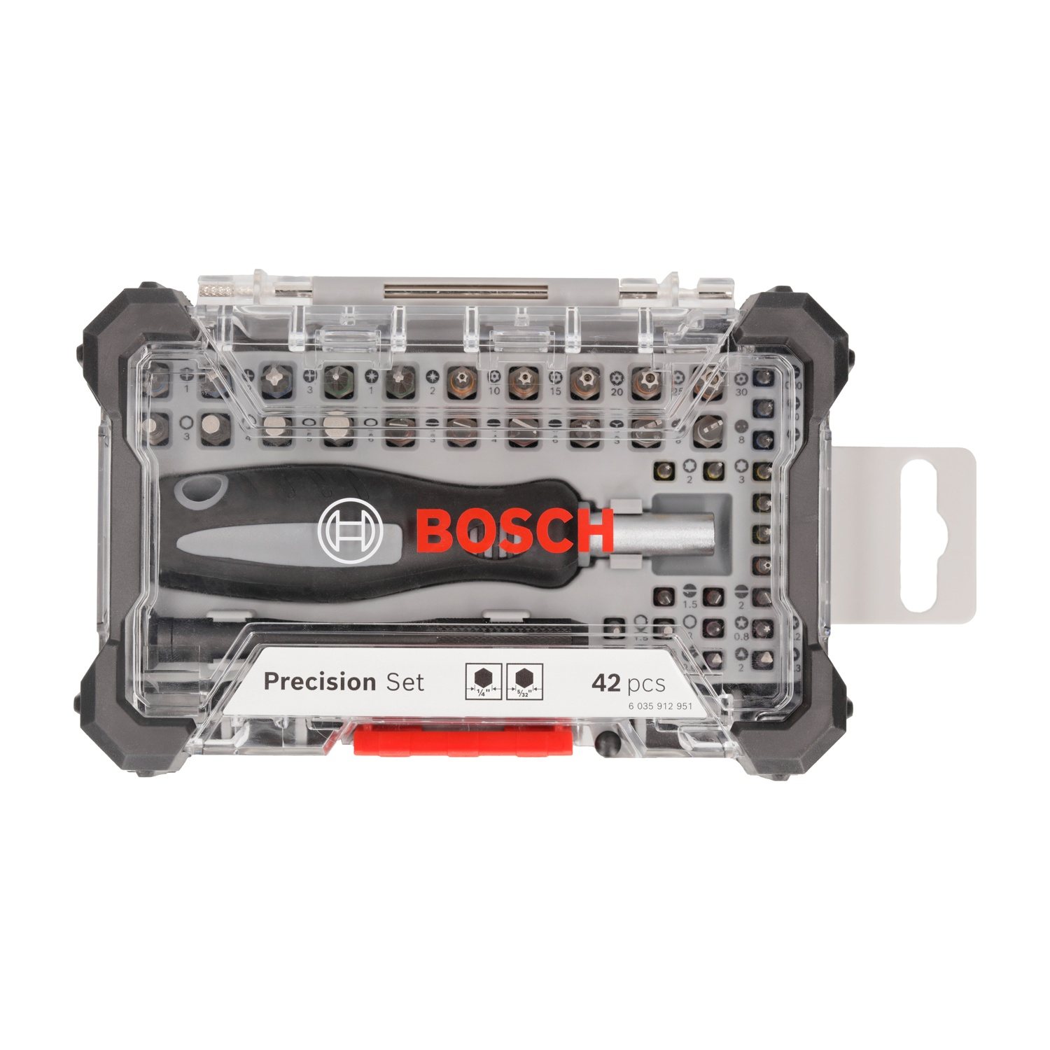 Un set di precisione Bosch con varie punte per cacciavite e un manico è esposto in una custodia di plastica trasparente, su sfondo bianco.