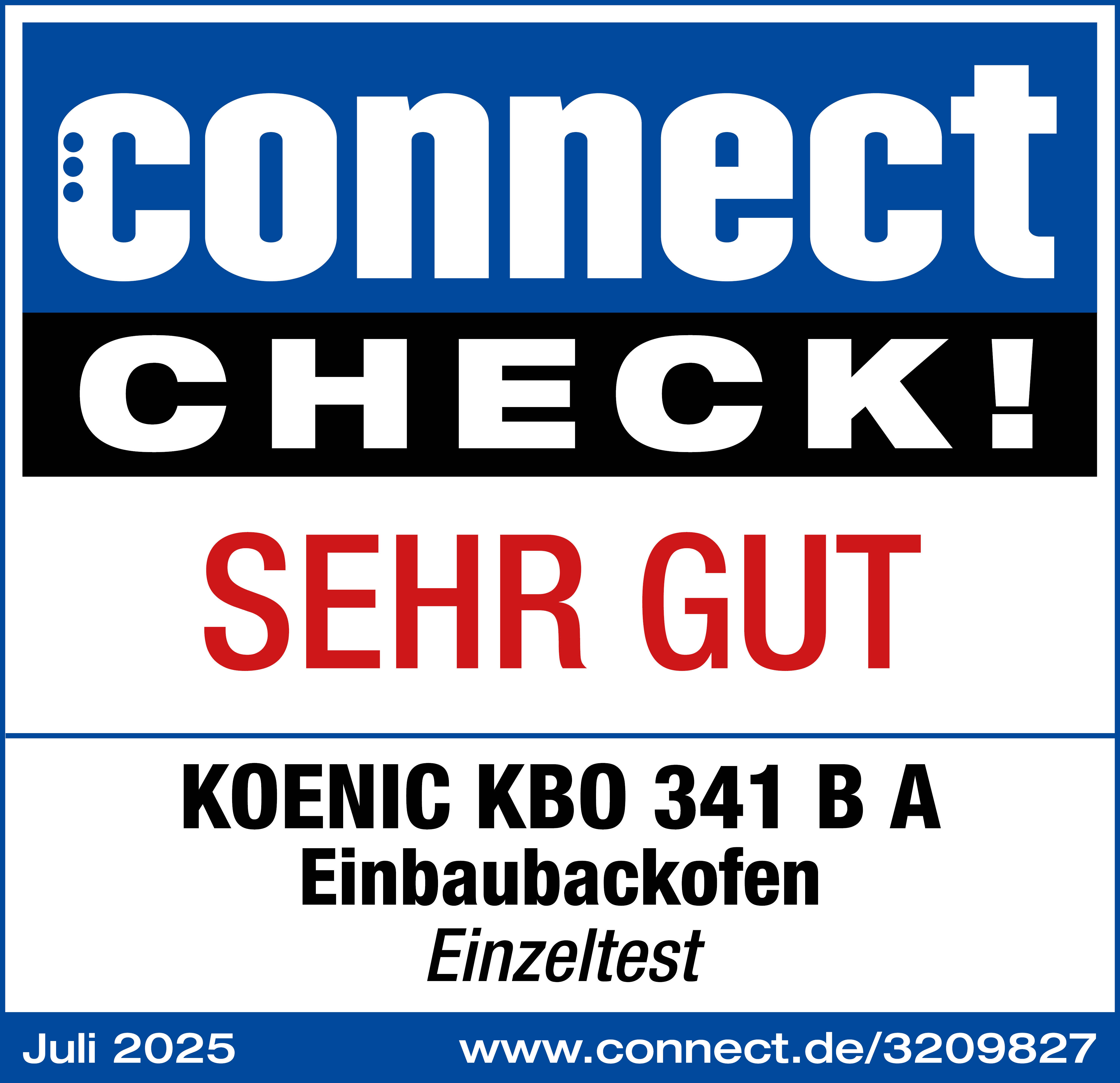 Ein blau-weißes Schild mit dem Text 'connect CHECK! SEHR GUT' und Produktinformationen.