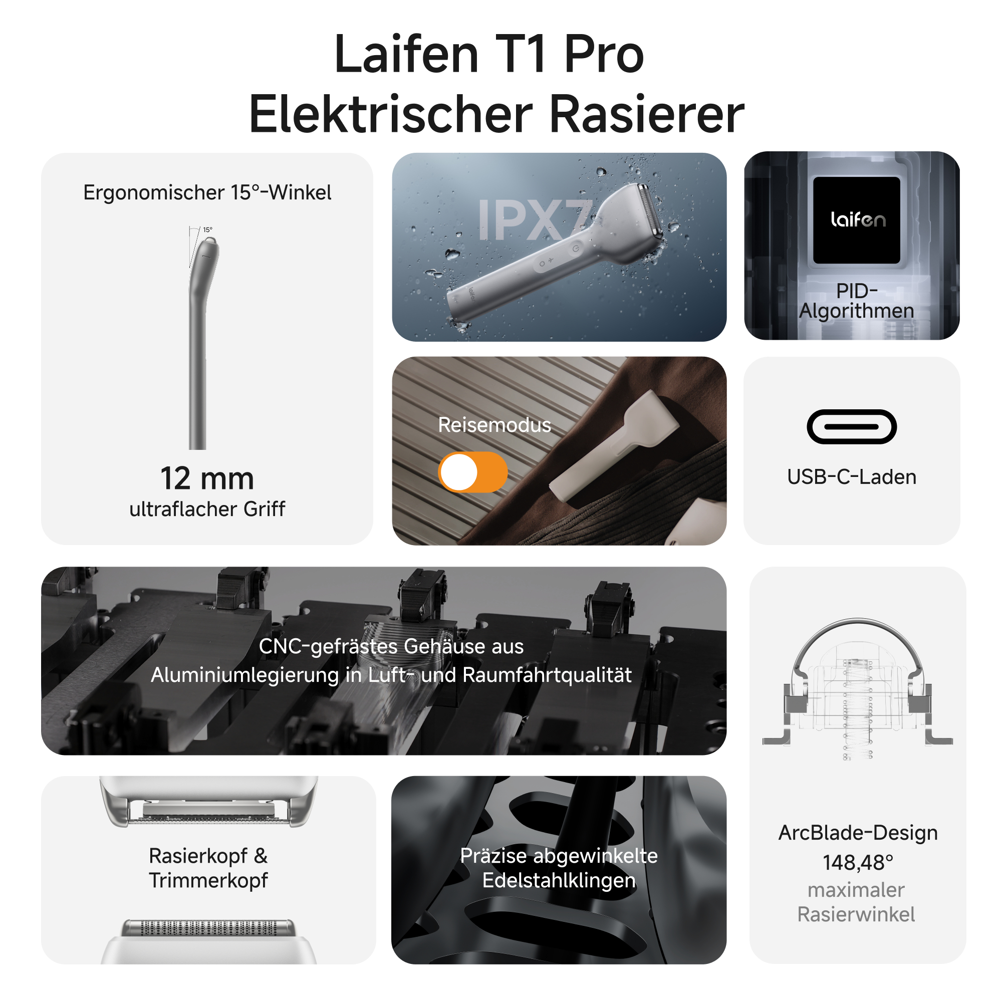 Ein elektrischer Rasierer mit Funktionen wie IPX7, USB-C-Laden und ArcBlade-Design. Er hat einen Trimmerkopf und Präzisionsstahlklingen.