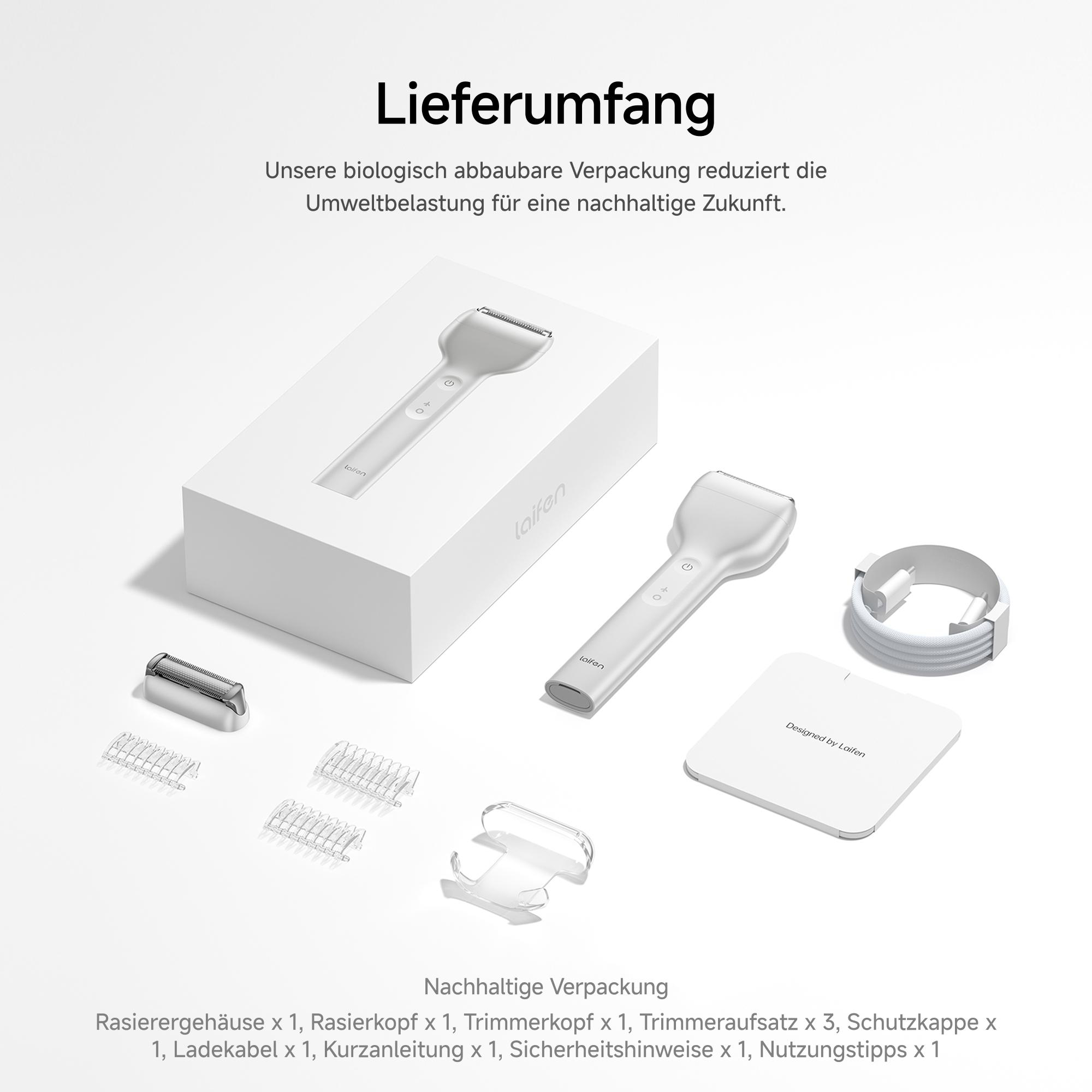 Eine weiße Box mit Rasierer und Zubehör. Der Text beschreibt den Inhalt und die umweltfreundliche Verpackung.